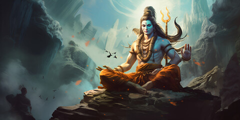 Hindu powerful god shiv cinematic. Hindu god lord shiva cosmic portrait  - obrazy, fototapety, plakaty