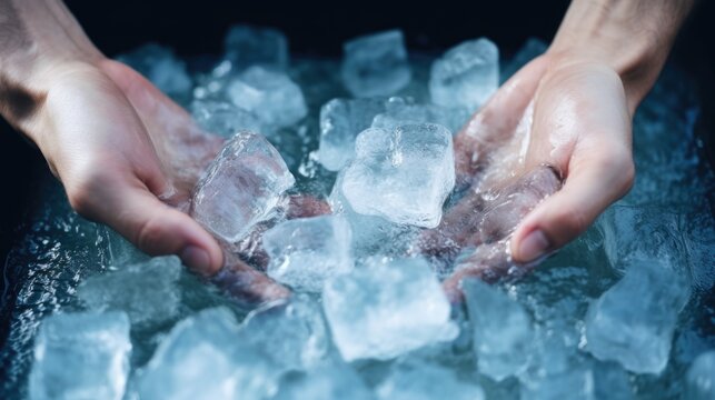 Hands holding ice cubes, cold water bath for health benefits concept. 