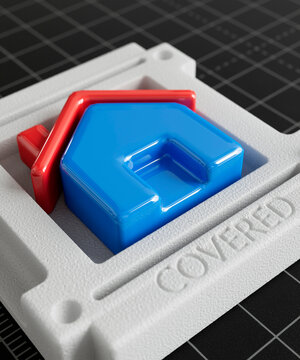 Conceptual home insurance with a house packaged in a safe polystyrene case protecting ir 3d render
