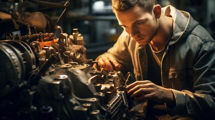 Fototapeta na wymiar Skilled mechanic working on car engine under golden light in auto workshop.