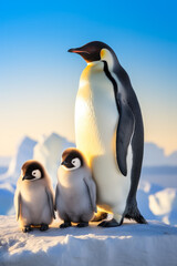 Obraz premium A charming photo of penguin parents and their adorable chicks set against a breathtaking Antarctic background with empty space for text 