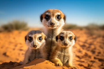 Fototapeta premium A close-up of a meerkat family playfully digging in the desert sand with a spacious background for text 