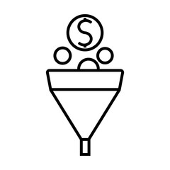 Simple outline of money going into funnel vector icon. Black line drawing or cartoon illustration of financial strategy symbol on white background. Finances, business, investment concept