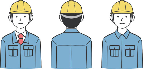 男性作業員の正面と後ろ姿のイラストセット