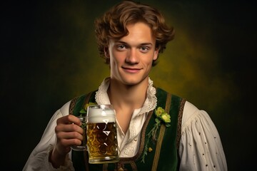 a studio photo of a cheerful young caucasian man wearing traditional german national attire tracht and holding a mass glass of beer, smiling into the camera. medieval look