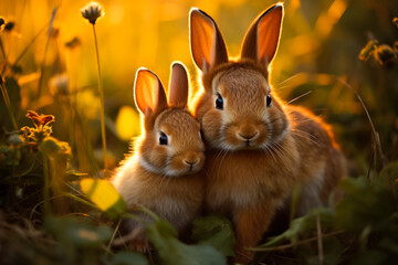 Fototapeta premium A heartwarming moment captured as baby rabbits snuggle close to their nurturing mother in a lush sun-kissed meadow 