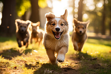 A heartwarming moment captured in a sunny park - playful puppies chasing their parent dogs background with empty space for text 