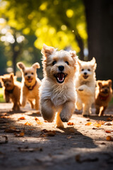 A joyful scene of puppies frolicking with their parent dogs spreading laughter and happiness in the park  - obrazy, fototapety, plakaty