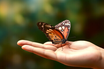 Fototapeta na wymiar butterflies on people's palms