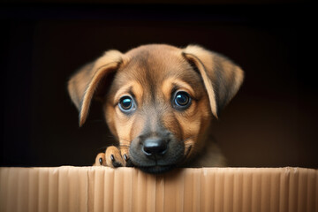 Stray brown mixed breed puppy in cardboard box. Sad homeless baby dog sitting alone in box and looking sadly to camera