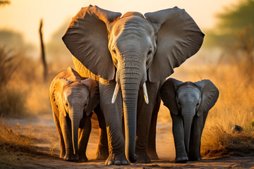 Fototapeta na wymiar An adorable baby elephant is surrounded by its loving family showcasing the strong bond they share in the vast African savannah 
