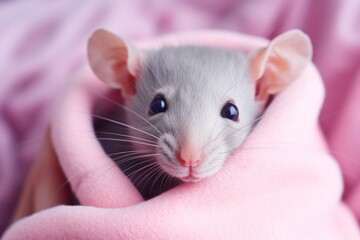 Small Gray Rat Peeking Out of Pink Blanket