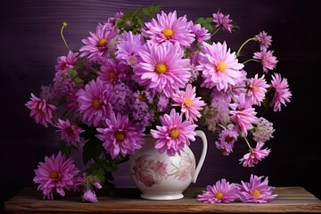 Obraz na płótnie Canvas Purple Flowers in Vase on Wooden Table