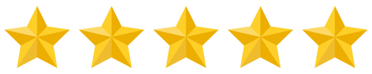 Five yellow stars rating icons. Five stars customer product rating. Vector illustration isolated on white background