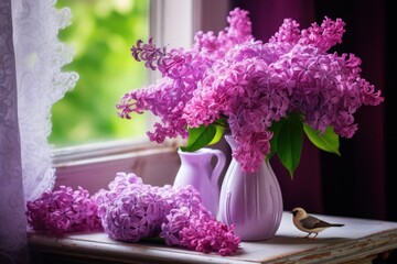 White Vase with Purple Flowers by Window