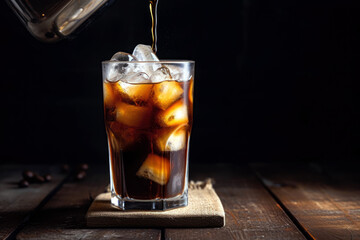 coffee pouring into glass of ice coffee or cold brew on a wooden table next to roasted coffee beans.