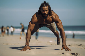 Fototapeta na wymiar dude making fitness on the beach, fitness, healthy, fitness coach, healthy habits, sport