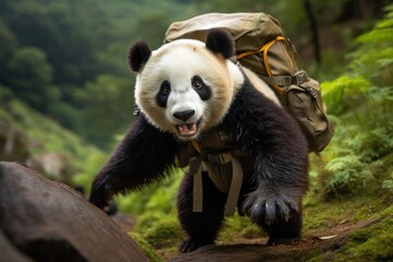 Obraz premium Panda Bear with Backpack Walking on Trail