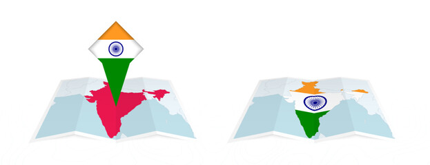 Two versions of an India folded map, one with a pinned country flag and one with a flag in the map contour. Template for both print and online design.