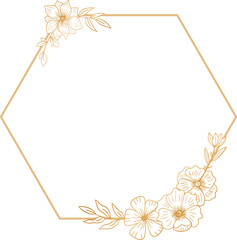 gold hexagon floral frame for wedding or engagement invitation, thank you card, logo, greeting card	