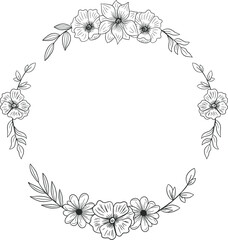 Fototapeta na wymiar Circle Floral frame with hand drawn flowers and leaves for wedding or engagement or greeting card