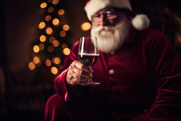 Santa Claus holding a glass of red wine. Focus on the glass. Generative Ai