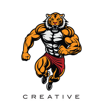 tiger mascot running  fitness logo