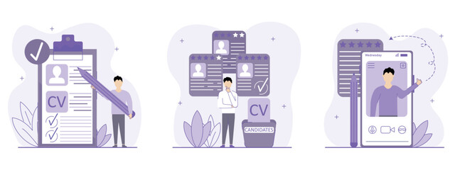 Hiring illustration set.Characters are writing a CV, applying for a job, online interview, HR manager looking for potential job candidates. Job recruitment process concept. Vector illustration.