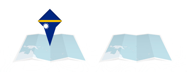 Two versions of an Nauru folded map, one with a pinned country flag and one with a flag in the map contour. Template for both print and online design. - obrazy, fototapety, plakaty