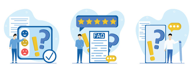 Feedback and FAQ illustration set.  The characters evaluate the quality of the FAQ service using an emoticon, leave feedback,ask questions and get answers.Concept of rating FAQ and Feedback.
