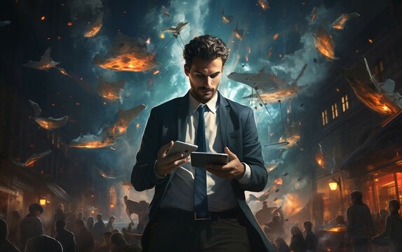 A Visual Representation of a Businessperson Handling Multiple Tasks on a Tablet. Generative AI