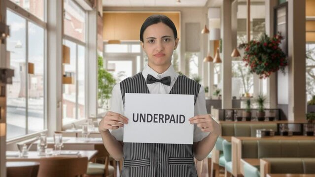 Sad Indian woman waiter holding UNDERPAID banner
