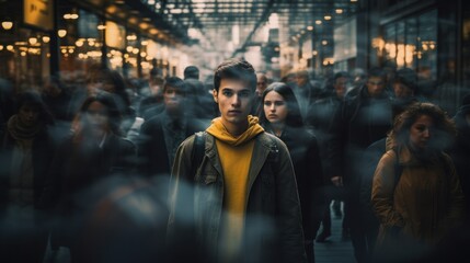 Young man on crowded street in movement standing out Concept of uniqueness - obrazy, fototapety, plakaty