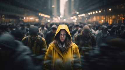 Young woman on crowded street in movement standing out Concept of uniqueness