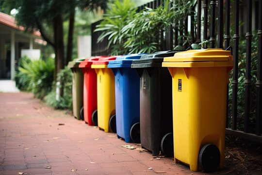 Colorful recycling: a row of large plastic garbage bins
