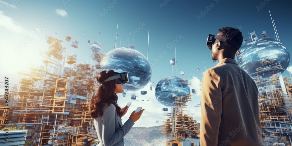 Poster two people in vr glasses contemplate a structural cityscape, merging engineering, design, and comput