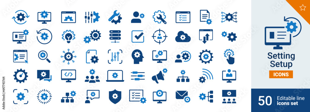 Wall mural setting and setup basic icons pixel perfect. option, installation, tools, control,...