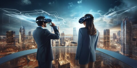Two People in VR Glasses Contemplate a Structural Cityscape, Merging Engineering, Design, and Computer-Aided Manufacturing in the Futuristic Digital Era, Creating Immersive 3D Simulations