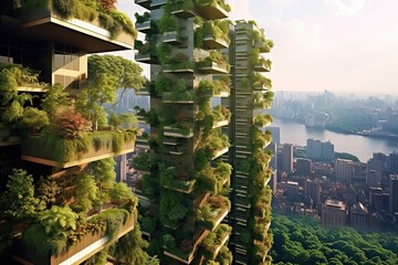 Idea of a green city, featuring skyscrapers enveloped in verdant foliage