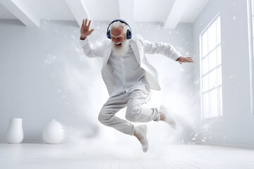 Old man dancing in a clean white room with Headphones on, inclusion, technology, generation, grandma