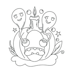 Halloween Pumpkin with Ghost and Candle Outline Illustration for Coloring Book