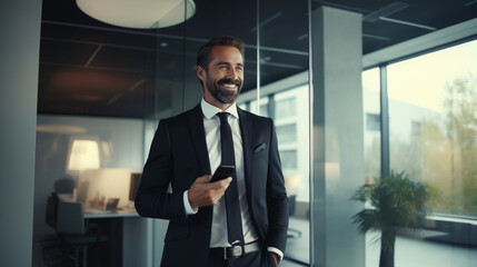 Smiling Confident Handsome Boss in a Black Suit with a Phone in the Office Entrepreneur. Looking Ahead
