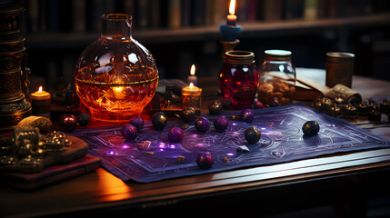 Obraz na płótnie Canvas a set of props for board games about magic and adventure, table decorations for a dnd party, dark atmosphere, copy space, magic items and accessories