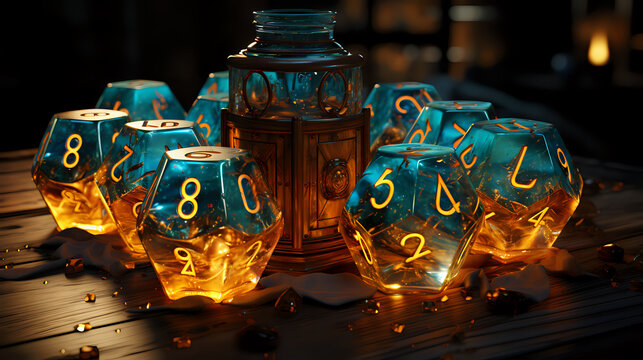a set of dice for board games about magic and adventure, a set of cubes for a dnd party, dark atmosphere, copy space