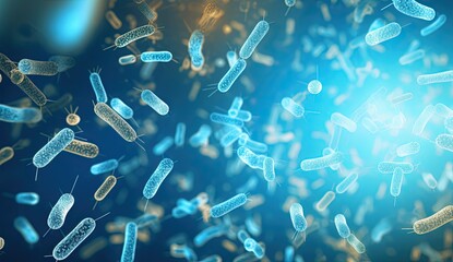 Vivid blue background microscopic battle of bacteria, viruses, and microorganisms in the human body. Vaccines and medical elements. Ideal for illustrating concepts in science, medicine, and healthcare - obrazy, fototapety, plakaty