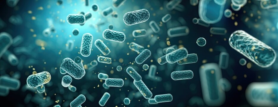 Vivid blue background microscopic battle of bacteria, viruses, and microorganisms in the human body. Vaccines and medical elements. Ideal for illustrating concepts in science, medicine, and healthcare