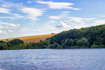 Two combines on the field collect ripened wheat. A field next to a forest. Agronomy and agriculture. Harvest theme. Beautiful summer landscape, field, river, forest, beautiful sky. Wheat harvesting. 