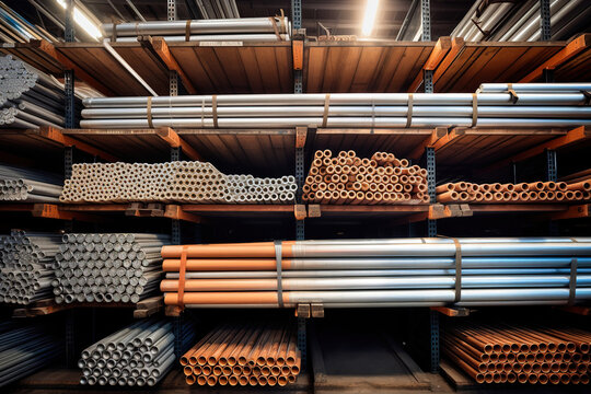 stack of steel pipe on warehouse shelf, iron metal pipes in construction supply stores