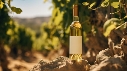 Generative AI, white wine bottle mock up on vineyrad landscape in the sunshine, cope space and place for logo