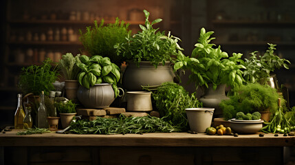 Discover the elegance of a culinary herb garden, carefully curated and artistically captured in this image. Each herb, from basil to thyme, is showcased with impeccable detail, offering a feast for bo